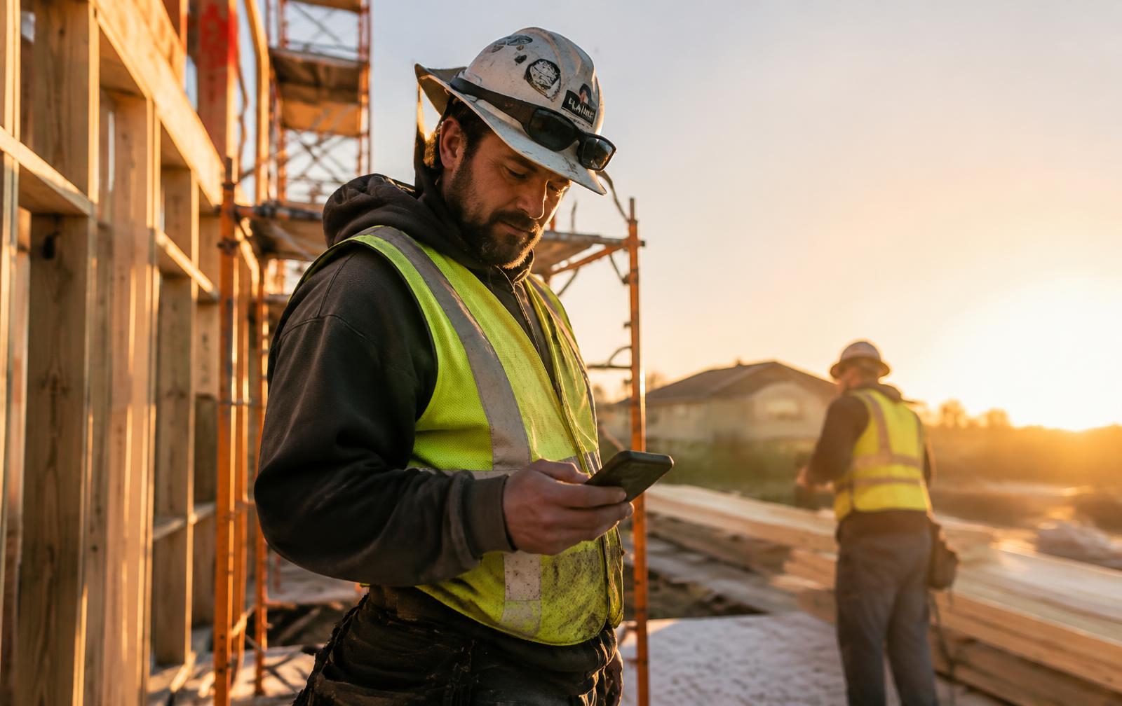 Crew foreman checking his phone on a job site